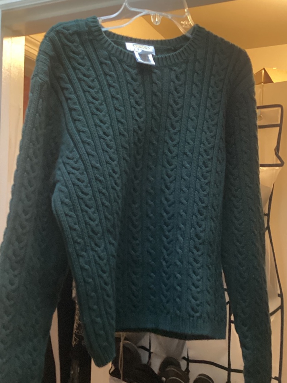 Talbots sweater Dark Green Cable Knit Crewneck cotton Large petite (fits smaller